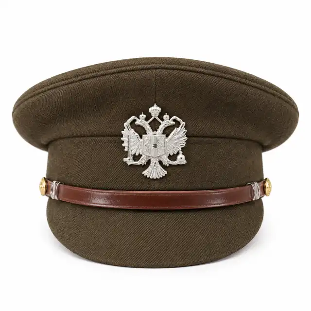 1st The Queen's Dragoon Guards No. 2 Service Dress Cap, straight-on with white-metal eagle badge