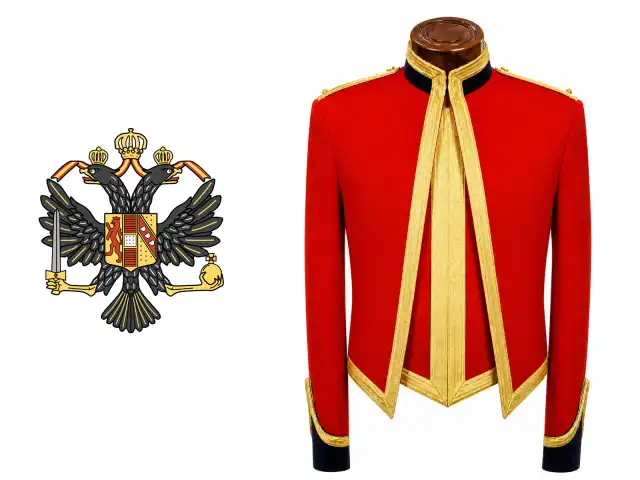 1st The Queen's Dragoon Guards logo beside the male officer mess dress.