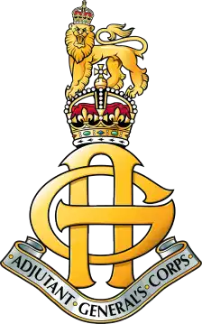 Adjutant General's Corps badge: gold interlaced AG cypher below a crown and crowned lion, with a titled scroll.
