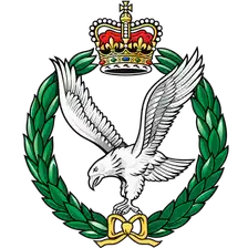 Army Air Corps cap badge: a white eagle within a green laurel wreath beneath a crown, tied with a gold bow.