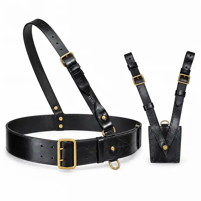 Reference-based illustration of a black leather Sam Browne belt, shoulder brace and separate sword frog with brass fittings