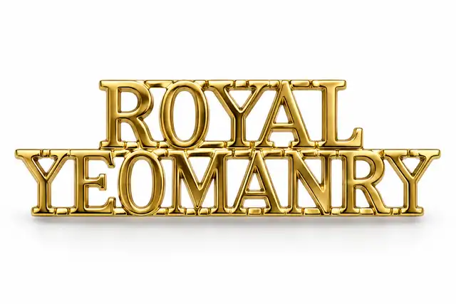 Royal Yeomanry brass shoulder title with ROYAL above YEOMANRY.