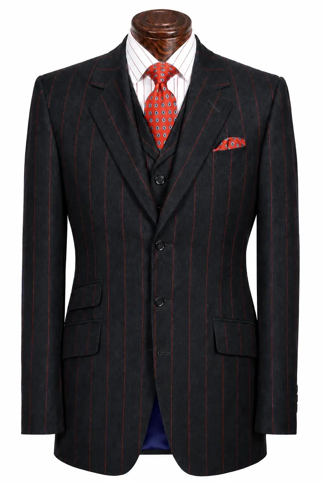 Charcoal three-piece suit with a red chalk stripe: single-breasted jacket, peak lapels, ticket pocket and matching waistcoat.