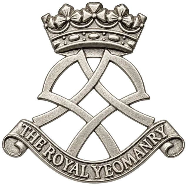 Royal Yeomanry metal cap badge, front view, with silver crown, interlaced device and regimental scroll