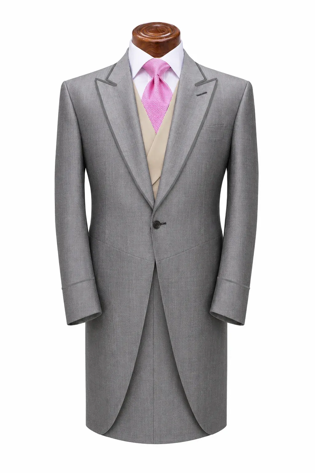 Dove grey morning coat with braided peak lapels and a single link button, worn with a buff waistcoat.