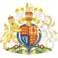 Cap badge: the Royal Arms — crowned shield with lion and unicorn supporters and the motto DIEU ET MON DROIT.