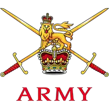 Army badge: crowned lion above crossed swords with the word ARMY, in gold and crimson on black.