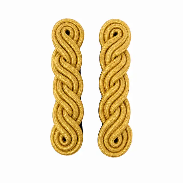 Pair of three-ply gold shoulder cords on black cloth backing.