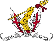 HAC crest: gauntleted arm holding a pike between two wings charged with St George's crosses, above an Arma Pacis Fulcra scroll.