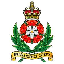 Intelligence Corps cap badge: red Tudor rose in a gold laurel wreath beneath a gold crown, with Intelligence Corps scroll.
