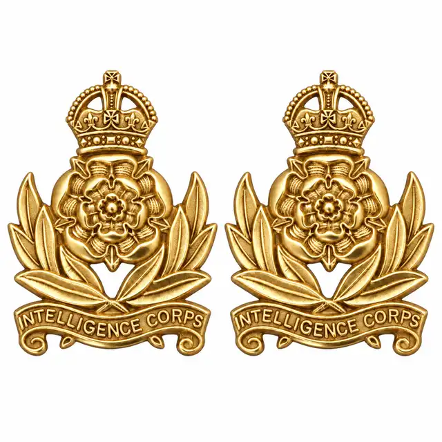 Intelligence Corps NCO Mess Dress Collar Badges — gold pair with Tudor crowns