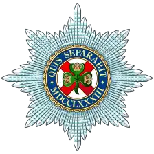 Irish Guards cap star: eight-pointed Star of St Patrick with the motto “Quis Separabit” and the date MDCCLXXXIII.