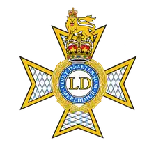 Light Dragoons badge: gilt cross with the LD cypher in a blue circlet, beneath a crown and crest.