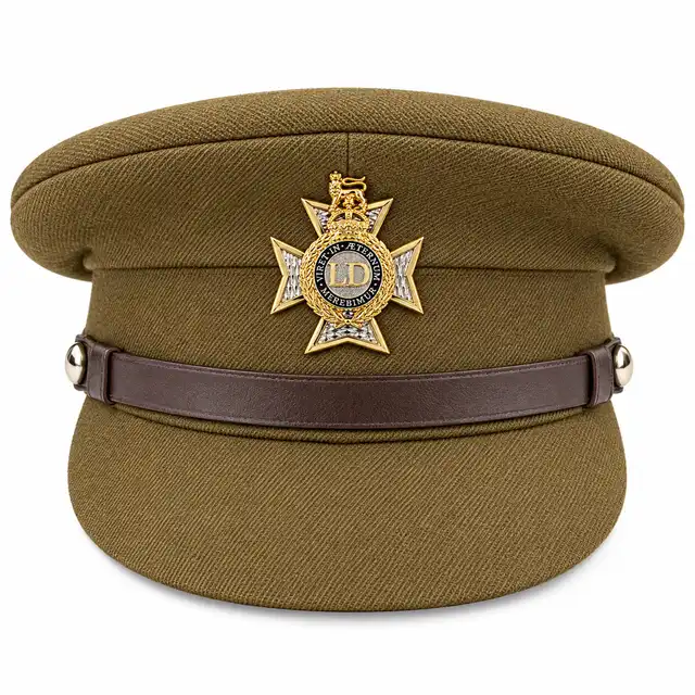 Light Dragoons Service Dress Cap, straight-on with supplied Light Dragoons Cap Badge
