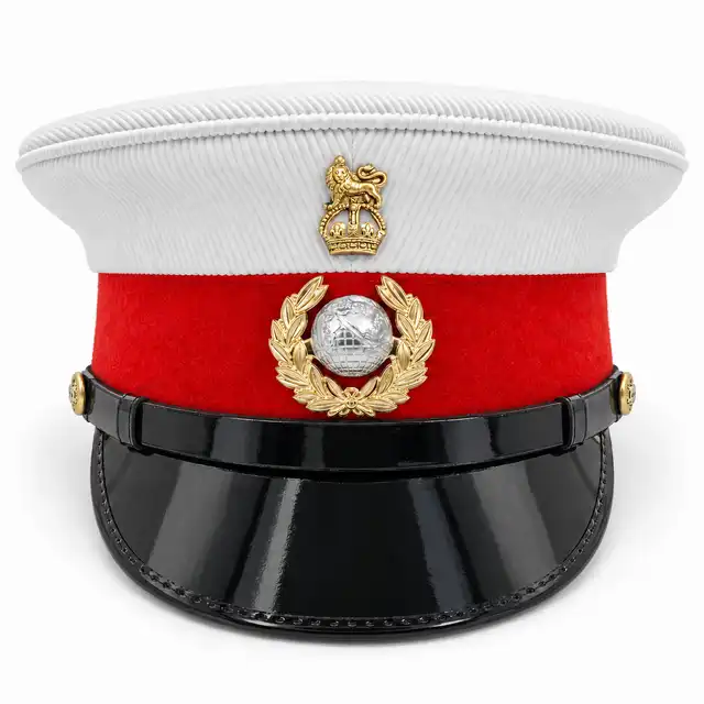 Royal Marines Peaked Cap, straight-on, with Officers and WO1s two-part badge and open crown detail