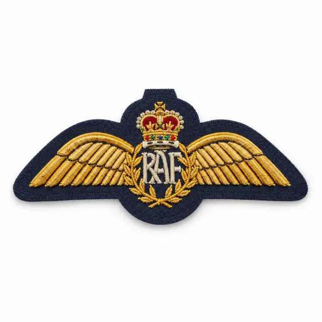RAF No. 5 Mess Dress wings with gold bullion feathers and wreath, pale RAF monogram, coloured crown and plain dark cloth edge