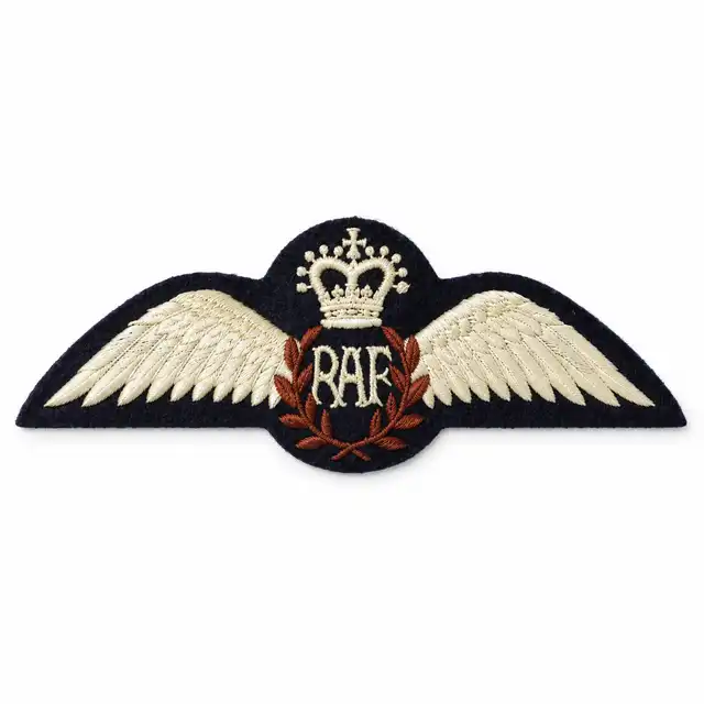 RAF Service Dress wings with ivory embroidery, RAF monogram and crown, and brown laurel wreath on dark navy cloth