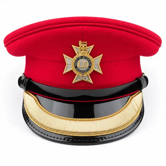 Light Dragoons Red Forage Cap, straight-on with supplied Light Dragoons Cap Badge