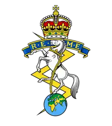 REME badge: crowned scroll lettered R.E.M.E. above a rearing white horse with a lightning flash, on a globe.