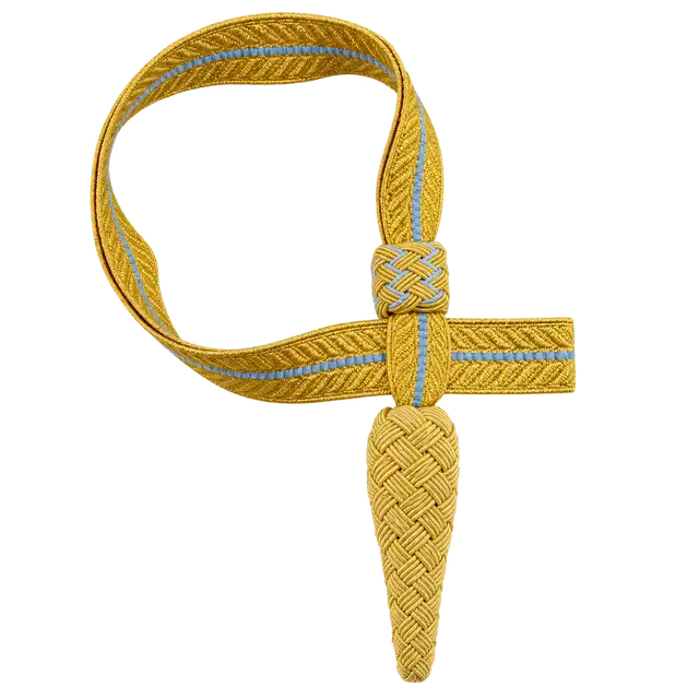 Royal Air Force sword knot with gold and sky-blue flat lace strap, matching runner and tapered gold acorn