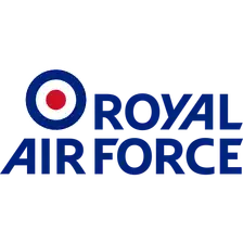 Royal Air Force emblem: red, white and blue roundel beside the words ROYAL AIR FORCE in blue.