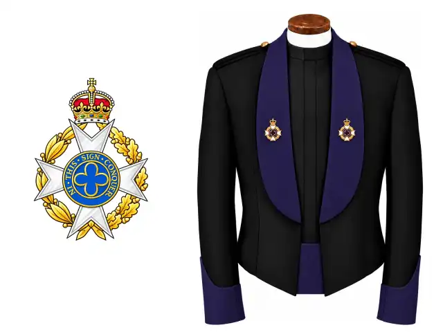 Royal Army Chaplains' Department logo beside the male officer mess dress.