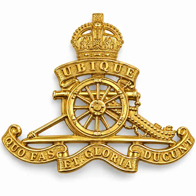 Royal Artillery Blue Peaked-Cap Badge with detailed Tudor crown, front view