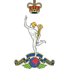 Royal Corps of Signals cap badge: Mercury holding a caduceus on a globe, with a crown and CERTA CITO scroll.