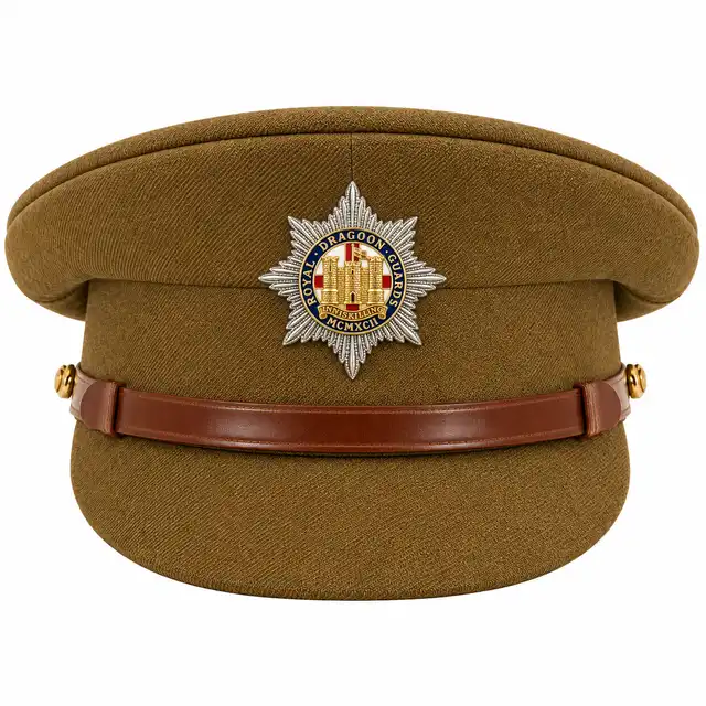 Royal Dragoon Guards Service Dress Cap, straight-on with RDG Officer Cap Badge