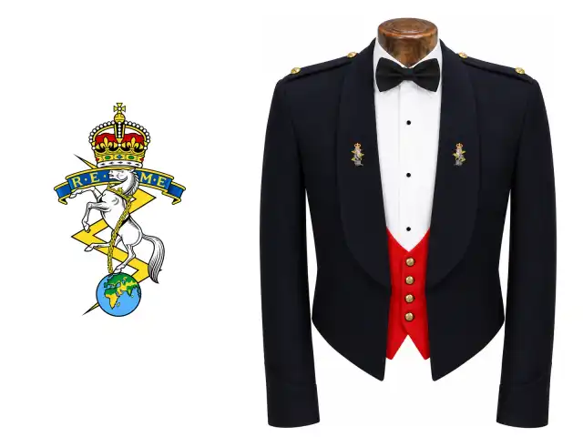 Royal Electrical and Mechanical Engineers logo beside the male officer mess dress.