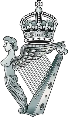 Royal Irish Regiment badge: a crowned Irish harp with a winged maiden as its pillar, in silver.