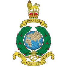 Royal Marines badge: globe in a laurel wreath below a lion and crown, with GIBRALTAR and PER MARE PER TERRAM scrolls.