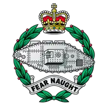 Royal Tank Regiment cap badge: a tank within a laurel wreath, with a crown and FEAR NAUGHT scroll.