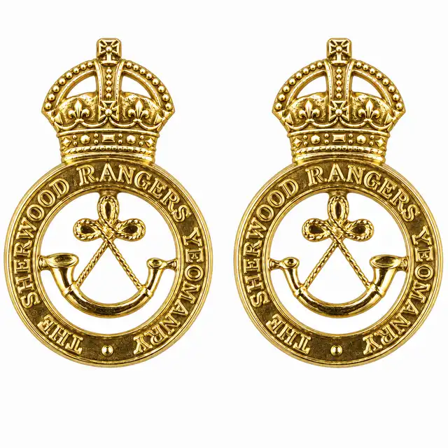 Royal Yeomanry A Squadron Other-Rank Collar Badges (Sherwood Rangers Yeomanry), gold metal pair with King’s Crown