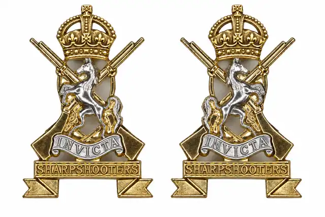 Royal Yeomanry C Squadron Collar Badges (Kent and Sharpshooters Yeomanry): silver horses, gilt crossed rifles and Tudor crowns, with INVICTA and SHARPSHOOTERS scrolls, pair on white.