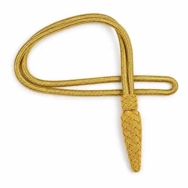Plain gold cord sword knot with woven runner and acorn — plain-gold shop pattern, without black tracing