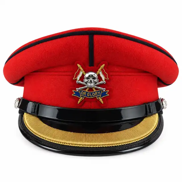 Royal Lancers Scarlet Forage Cap, straight-on with Officer Death's Head Cap Badge