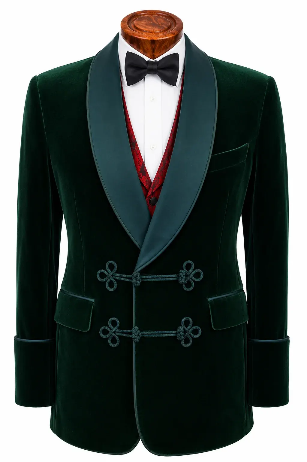 Bottle green velvet smoking jacket with a silk shawl collar, matching cord frogging and turn-back cuffs.