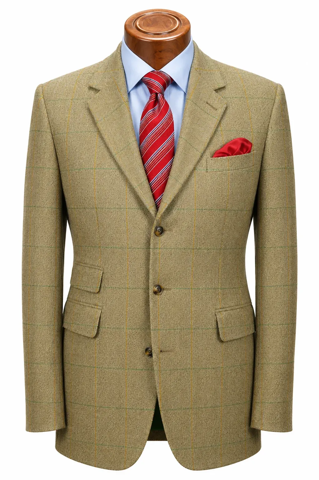 Fawn herringbone tweed jacket with a gold and green overcheck, three-button front, flap pockets and a ticket pocket.