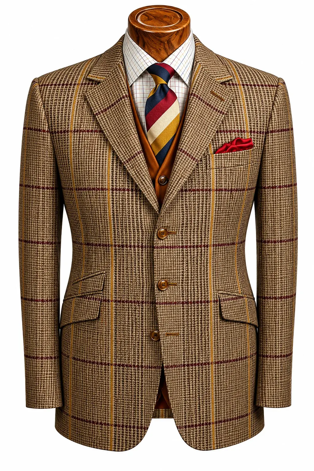 Brown houndstooth tweed jacket with a gold and burgundy overcheck and slanted flap pockets, worn over a tan waistcoat.