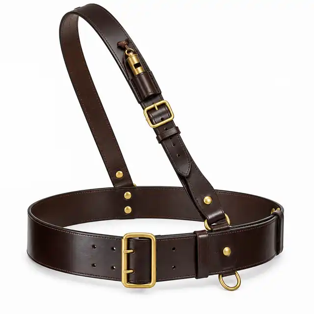 Specification-based illustration of The Blues and Royals brown cavalry Sam Browne belt with shoulder brace and whistle
