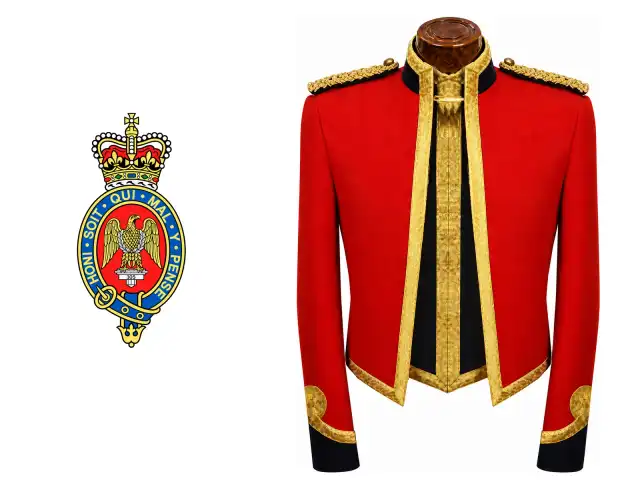 The Blues and Royals logo beside the male officer mess dress.