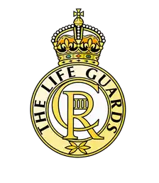 The Life Guards cap badge: the gold royal cypher within a circlet reading The Life Guards, beneath a crown.