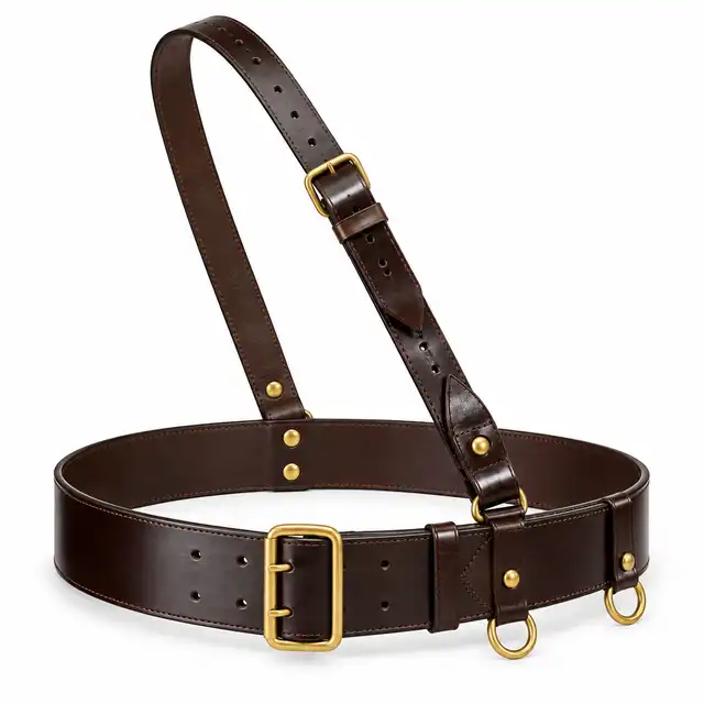 Specification-based illustration of The Life Guards brown Sam Browne belt with shoulder brace and cavalry rings