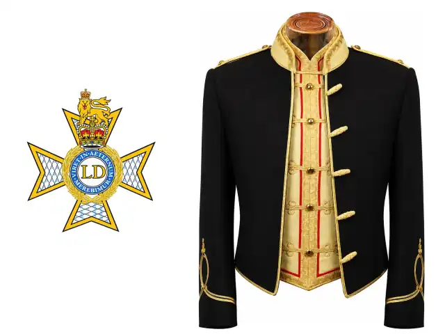 The Light Dragoons logo beside the male officer mess dress.
