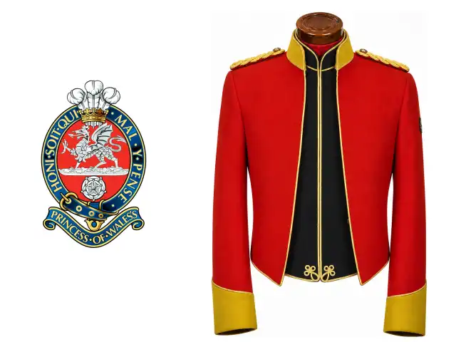 The Princess of Wales's Royal Regiment logo beside the male officer mess dress.