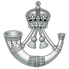 The Rifles badge: a silver stringed bugle horn surmounted by a crown, shown on a dark ground.
