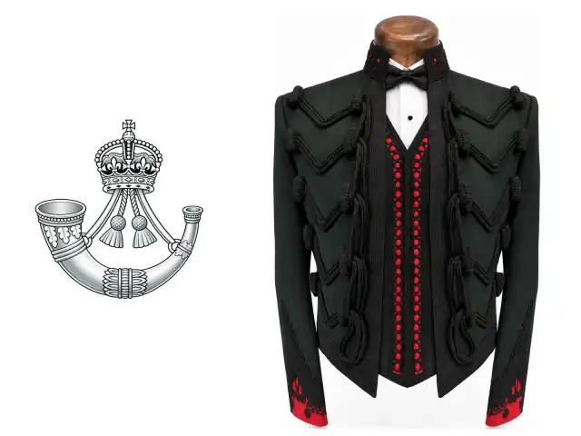 The Rifles logo beside the male officer mess dress.