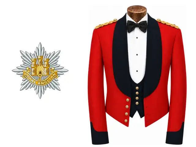 The Royal Anglian Regiment logo beside the male officer mess dress.