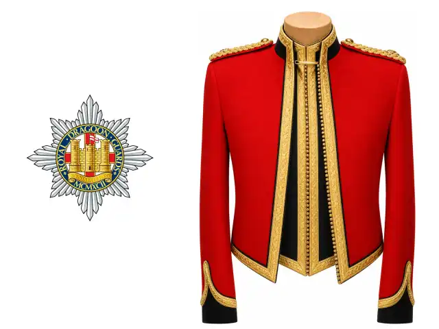 The Royal Dragoon Guards logo beside the male officer mess dress.